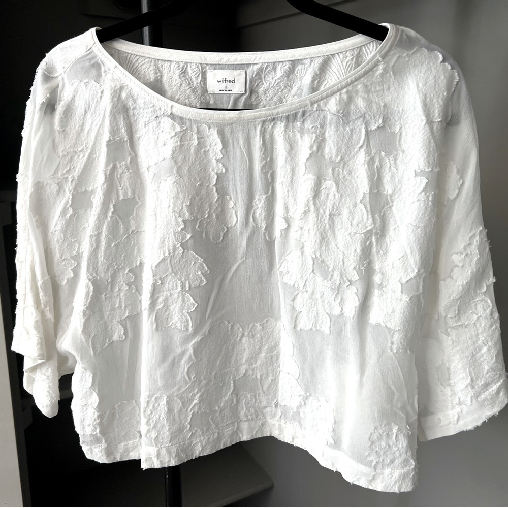 Aritzia Wilfred Crop Top White Sheer Oversized Short Sleeves Floral Lace Size S
